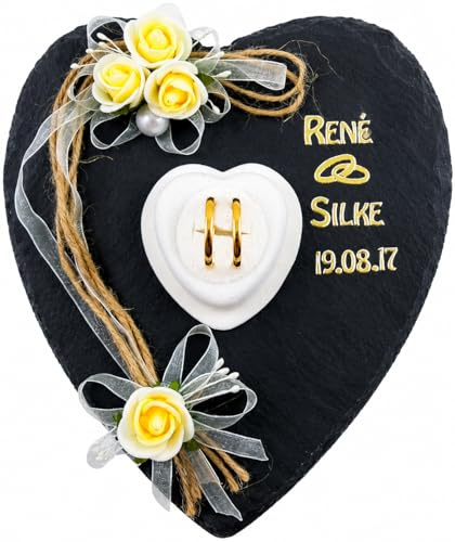 Ringkissen aus Schiefer personalisiert – Geschenk zur Hochzeit, Hochzeitsgeschenk personalisiert,Geschenk für Brautpaar,Geschenkidee Hochzeit, Ringhalter mit Gravur & Herz für Eheringe, Handarbeit