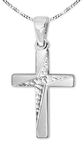 CLEVER SCHMUCK Halskette Kreuz 21 mm elegant verziert mit 4-fach Stern gemustert Kette Panzer 45 cm 925 Sterling Silber im Kreuz Etui