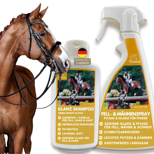Mähnenspray Pferd & Pferde Shampoo Kamille Pferdepflege-Set 2x500ml I Pferdeshampoo I Schweifspray für Pferde Mädchen Geschenk I Hundeshampoo gegen Geruch für irritierte Haut I Fellpflege Hund Pferd