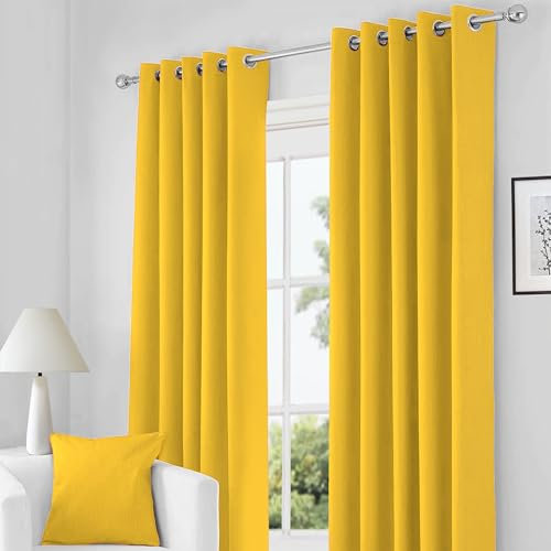 RayyanLinen Readymade Blackout Thermal Eyelet Ring Top Pair of Curtains Including 2 free Tiebacks (OCHRE YELLOW, Width 66 x Drop 54)