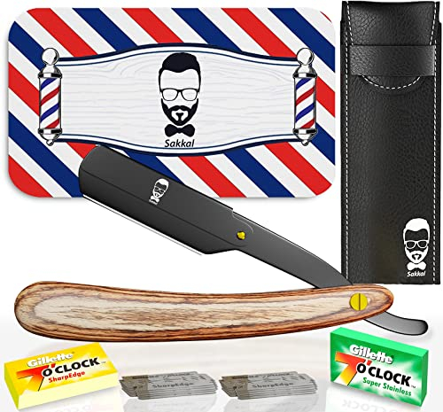 Rasoio a mano libera 20 Mezze lamette |kit barba uomo manuale viso professionale barbuto classico precisione vintage tradizionale barbiere lame rasatura contorni manico (Marrone)