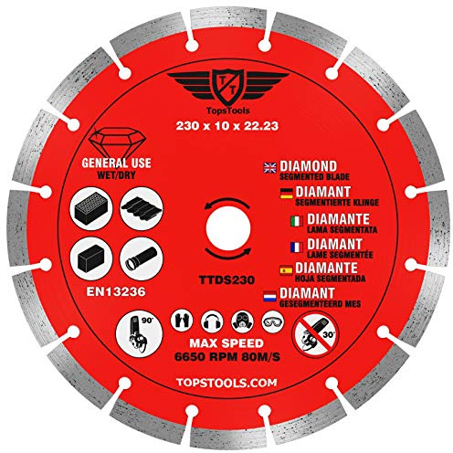 TopsTools 1pc TTDS230 230mm x 22.23mm Bore Segmented Diamond Cutting Disc | High-grade diamond construction provides fast, clean and durable dry cutting with no water cooling required