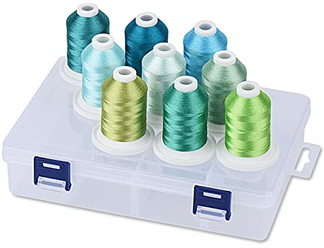 Simthread Polyester Maschinen Stickgarn mit Kunststoff-Aufbewahrungsbox, 9 Türkis und Mint grün Farben, 800 Yards Schnappen Spulen, für professionelles Stickdesign