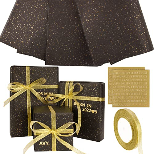 BHGT 3 Stück Geschenkpapier Schwarz Gold Glitzer 3D Aufkleber Buchstaben Zahlen Geschenkverpackung Weihnachten Weihnachtsgeschenkpapier für Hochzeit Geburtstag gefaltet geliefert, 76 x 54cm (Schwarz)