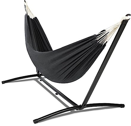 TERRE JARDIN - Hamaca con Soporte, de Metal, Carga Máx 130 kg - Hamaca con Soporte, Lona de Tela de Poliéster, Negra - Hamaca Colgante Jardín Balcón Exterior y Terraza - Resistente al Agua