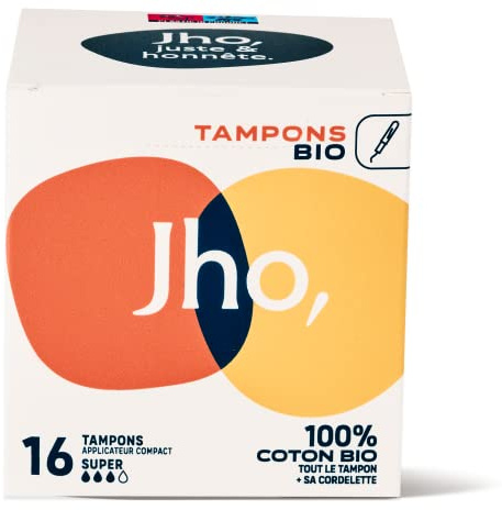 Jho - Tampons 100% Coton BIO - Avec applicateur compact (Super, 1 boite = 16 tampons)