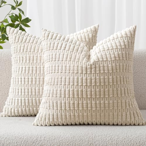 MIULEE Pack of 2 Corduroy Cream White Square Christmas Cushion Cover 50x50 cm 20x20 inch Boho Decorative Throw Pillowcase for Living Room Sofa Bedroom