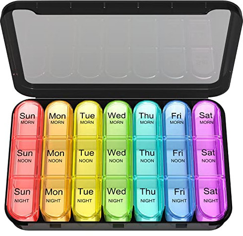 Zoolion Weekly Pill Box 7 Day 3 Times a Day (Morn/noon/Night), Daily Portable Travel Pill Box Organiser, Tablet Organiser with Large Compartments, Hold for Fish Oils, Vitamins, Supplements (Black)