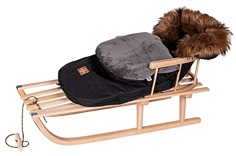 Luge en bois de hêtre - Dossier avec corde de traction + chancelière d'hiver - Chancelière avec fermeture éclair - 48/90 cm - Luge en métal (noir marron)