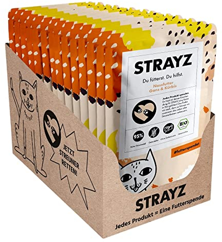 STRAYZ Bio Katzenfutter nass - Gans & Kürbis - Hoher Fleischanteil ohne Getreide und Zucker - 14x85g Beutel 14x85g