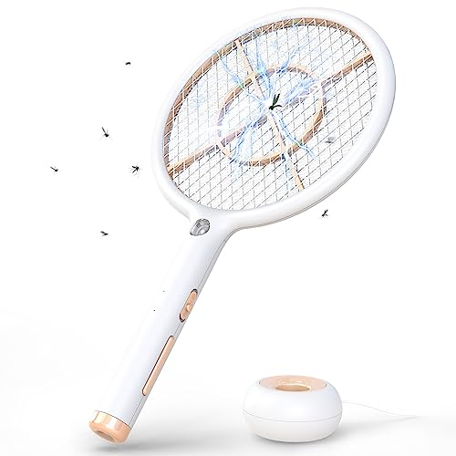 CONOPU Racchetta Zanzare Elettrica, 4000V Zanzare Elettrico, Base di ricarica wireless USB, Ricaricabile Batteria, Luce LED, 3 Strati Protezione Maglia, Antizanzare, Bianco