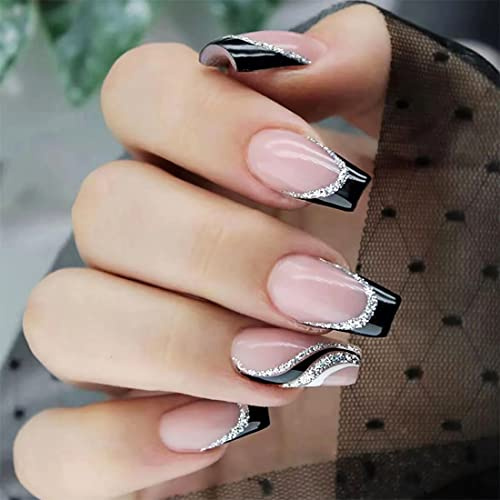 24 Stück Französische Mittellange Künstliche Nägel Rosa Mit Schwarzen Ballerina-Nägeln - Glänzende Linie Nagelkunst für Frauen und Mädchen Tägliche Dekoration
