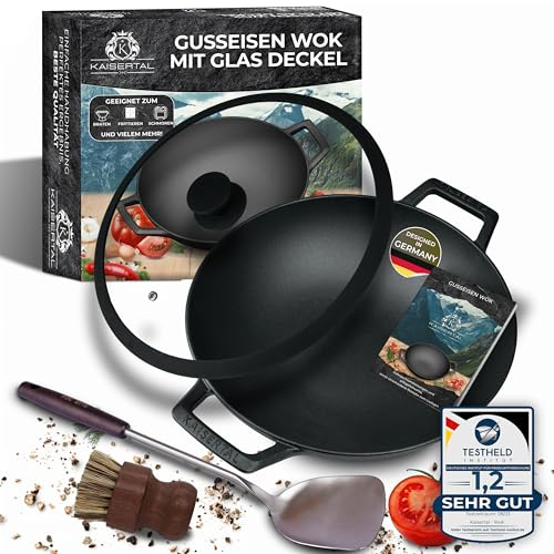 KAISERTAL® Poêle en fonte 32 cm – Poêle en fonte à induction & Cast Iron Pan – Pour l'intérieur et l'extérieur – Passe au four, pré-cuite, robuste en fer Cast Pan pour rôtir, braiser et griller