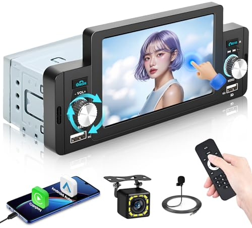 Hikity Autoradio 1 Din CarPlay Android Auto, 5 Zoll Touch Display Autoradio mit Bluetooth Freisprecheinrichtung Mirror Link FM/EQ Rückfahrkamera Lenkradsteuerung