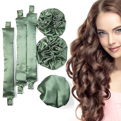 BLINKEEN Satin Heatless Curling Set, Pillow Soft Rollers with Hair Caps, No Heat Rods Headband for All Hair Types (3Sets-Olive Green)