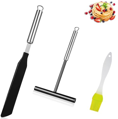Eowppue 3 Pcs Crepe Spreader Stick and Spatula Turner Set, Paired with a Compact, Non-Shedding Silicone Basting Brush - The Crepe Making and Grilling Ensemble