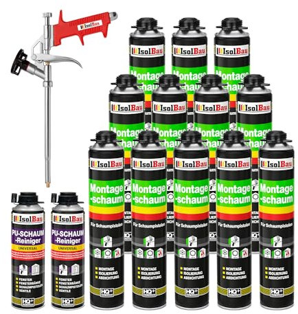 Isolbau Bauschaum-Set - Inkl. 12 x 1K Montageschaum B2 Pistolenschaum mit hervorragender Schall und Wärmedämmung (je 750 ml), 2 x PU-Schaum-Reiniger (500 ml) & 1 x Schaumpistole, Abdichten