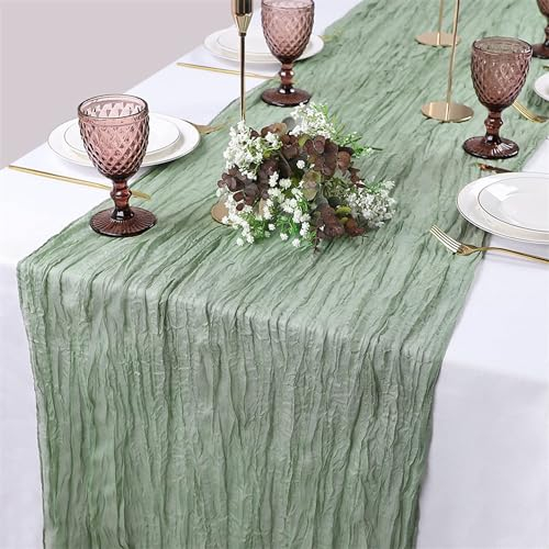 YFJSML Tischläufer Grün Musselin 300 x 90cm - Chiffon Hochzeit Salbeigrün Stoff Tüll Seihtuch Hellgrün Boho Table Runner Tischdeko Gaze Rustikal Waschbar