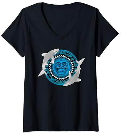 Damen Weißspitzenhochseehai Tiki Totem T-Shirt mit V-Ausschnitt