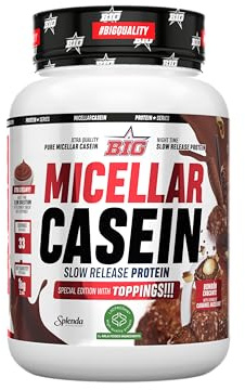 BIG - Caseina Micelar - Caseina Proteina de Liberación Sostenida, Recuperación y Masa Muscular - Baja en Grasas y Carbohidratos,Textura Cremosa (Toppings (trocitos), Bombón Crocante Caramel Hazelnut)