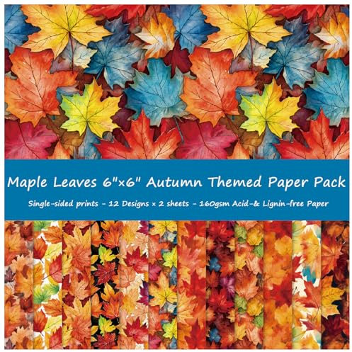 ZAKHSE Motivpapier Herbst, 48 Blätter Designpapier Farbige Ahornblätter Bastelpapier, 15,2x15,2cm Einseitige Bedruckt Scrapbook Papier Dekorpapier für Thanksgiving Basteln Handwerk-12 Designs