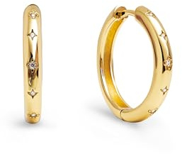 SINGULARU - Pendientes Aro Astra L. Latón con Acabado en Baño Oro de 18Kt. Estilo Maxi con Detalles en Circonitas y Estrellitas. Cierre Congo/Click. Joyas para Mujer