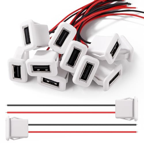 KUOQIY 10 Stücke 3A 2 Polige USB Buchse, Schnelllade Typ A Buchse, mit 100mm 22 AWG Drähten, Weiß