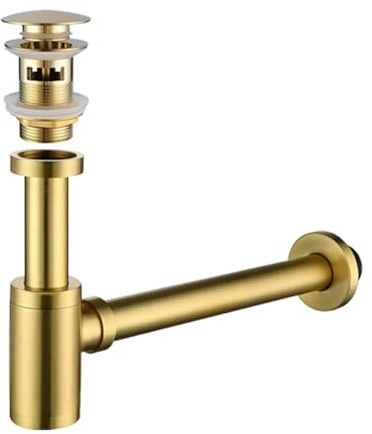 Bathroom Sink Bottle Trap Set, Stainless Steel Basin Sink Stopper P-Trap Set with Overflow, Sink Drain Kit for Bathroom Sink Washbasin (Brushed Gold)