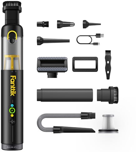 Fanttik Slim V10 Apex Kabelloser 4-in-1 Auto & Mini-Handstaubsauger mit 19000 Pa Saugkraft, Smarter Digitalanzeige und 2 Saugmodi für Auto, Büro & Tastaturen