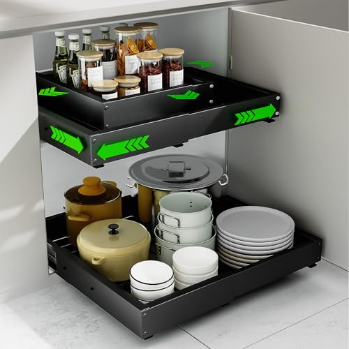 Expandable Pull Out Cabinet Organizer, Adjustable Width 12-19 & Depth 16.5-22, 4-Side Extension, 5 Slide Rails for Heavy Duty Use, Adhesive Roll Out Shelves for Kitchen Cabinets, Black 1PCS
