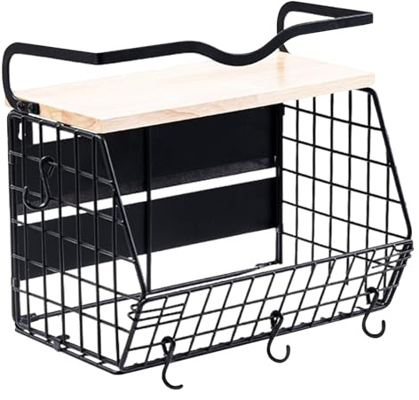 Licsaliwe Magnetic Shelf for Fridge, Fruit and Vegetable Storage and Organizer with Wood Lid, Wire Basket with 4 Hooks for Pantry, Kitchen Countertop