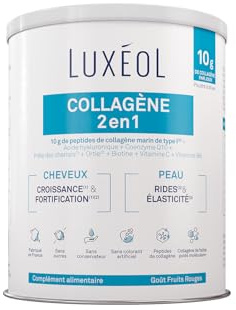 LUXÉOL - Collagène 2 en 1 - Complément Alimentaire - Cheveux & Peau | Croissance(1) & Fortification(1)(2) - Rides(3) & Elasticité(3) - Collagène marin de Type I - Programme 25 jours - 275 g