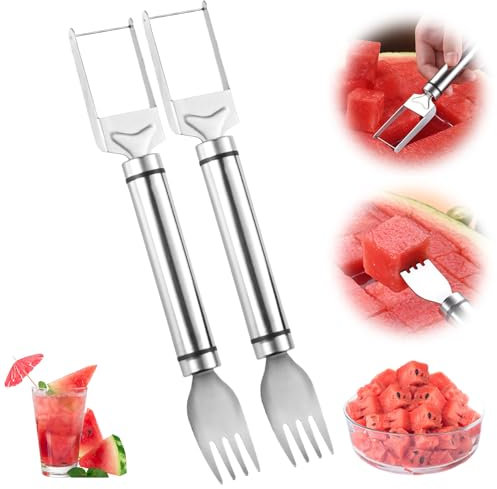 2 in 1 Watermelon Fruit Cutter, 2025 New Stainless Steel Fruit Slicer Useful Gadgets,Kitchen Gadgets Multifunctional Melon Mango Watermelon Cutter for Kitchen, Summer Family Party Forks (2PCS)