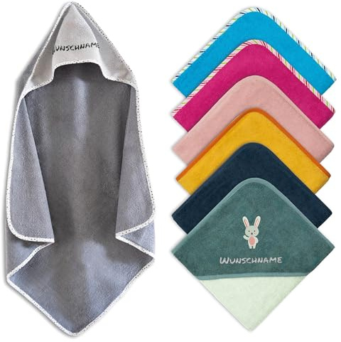 my STITCHERY Kapuzenhandtuch Baby mit Namen Bestickt, Oeko-TEX® Standard 100 - Personalisiertes Babyhandtuch mit Kapuze aus Reiner Baumwolle mit gesticktem Namen und Motiv (Grau, 100 x 100 cm)