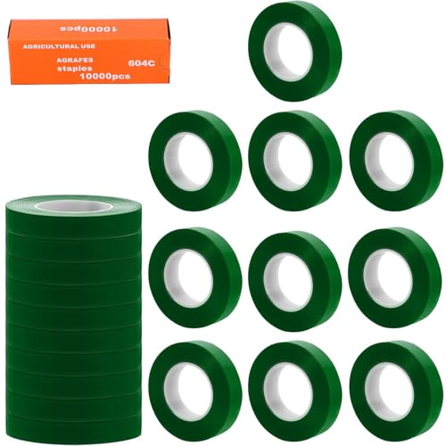 xutong Ruban adhésif pour fixation de plantes, outil avec 20 rouleaux de ruban adhésif, 1 boîte d'agrafes, bandes pour fixation des plantes, emballage de jardin, pour élaguer les légumes et la machine