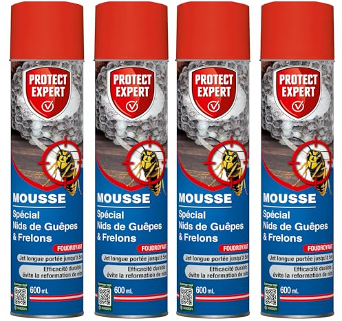 PROTECT EXPERT 4 Aérosols Anti Nids De Guêpes & Frelons - 4x600ml - Mousse Et Jet Longue Portée - Traitement A Distance - Pulvérisation Jusqu’à 3 Mètres - Action Choc & Foudroyante GUEPMOUS600NX4