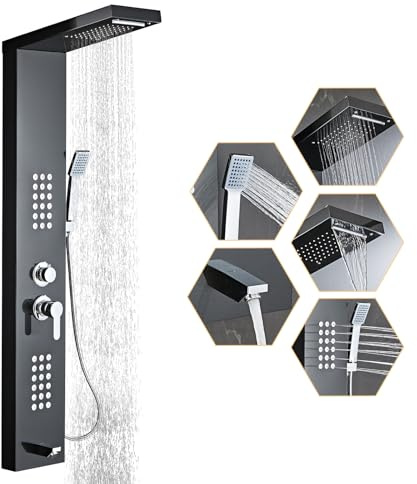 HSYLYPA Shower Panel Tower System 5-in-1 Shower Panel Tower with Powerful Body Massage, Rainfall, Waterfall,Handheld and Tub Spout, Stainless Steel Shower Column - Brushed Black
