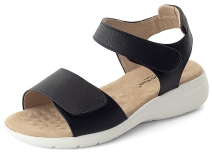 Cushion Walk Women's Extra Wide EEE Fit Sandals, Adjustable Double Touch Fastening Straps Low Wedge with Extra Thick Cushioned Insole, Padded Heel Strap Comfortable Summer Shoes (Size 5 UK, Black)