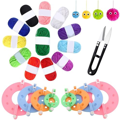 deegbbyi Pompom Maker, Kits para Hacer Pompones DIY, 4 Tamaños Maquina Hacer Pompones Reutilizable(3.5/5.5/7 Y 9 Cm), 12 Colores de Hilo, para Tejer DIY Manualidades y Decoración (Color Aleatorio)