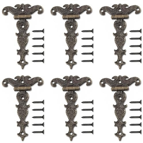 YAXIAO 6 Piezas Bisagras Antiguas en T 11.3×6.9 cm Bisagras Decorativas de Bronce Retro Bisagra T Plegables Antiguas para Muebles Puertas Armarios Cajones Joyero Cajas de Madera Estante para Libros