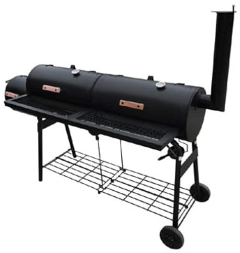 Barbecue-Smoker Grill Nevada XL Schwarz aus pulverbeschichtetem Metall mit 2 Ablageregalen und Arbeitsflächen 173x54x132 cm für Outdoor BBQ, Fleisch, Gemüse, Steak und Räuchern