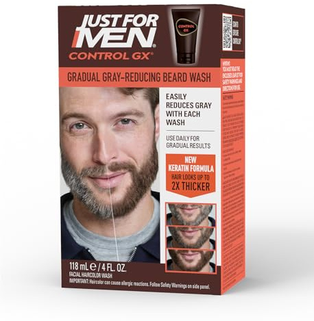 Just for Men Control GX Grey Reducing Beard Wash Shampoo with Keratin, Gradually Colors Mustache and Beard, Leaves Facial Hair Thicker Softer and Fuller, 4 Fl Oz - Pack of 1 (Packaging May Vary)