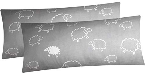 Renforcé Kissenbezug 2er Set 40x80cm Schafe Lämmer Grau (99/7) | 100% Baumwolle, Kopfkissenbezug, Kissenhülle, Dekokissenbezug, mit Reißverschluss