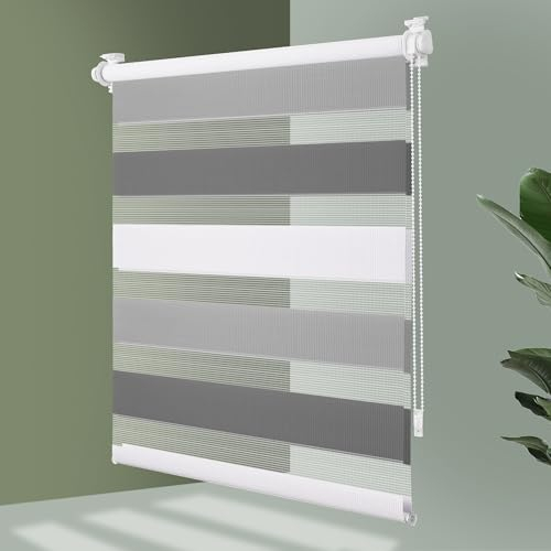 Doppelrollo Klemmfix ohne Bohren B90xH150(Stoffbreite 86cm) Weiß-grau-anthrazit, Rollos für Fenster, Rollo ohne Bohren mit Lichtdurchlässig und Verdunkelnd/Höhe Stufenlos Verstellbar/Kindersicherung