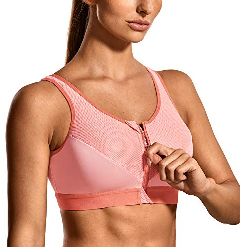 SYROKAN Kvinnors Dragkedja Fram High Impact Wireless Racerback High Support Dragkedja I Front Sports Bh Dusty Peach 95D