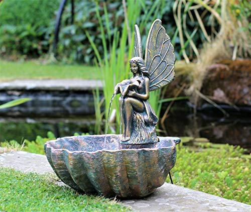 Garden Ornament Water Feature Fountain LED Lights Indoor Outdoor Waterfall Water Fountain Decoration Feature Self Contained Ornament Pond Terrace Balcony Sitting Fairy Bronze 16.6cm High