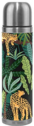 Linomo Thermosflasche Blätter Tier Leopard Edelstahl Wasserflasche,Isoliert Auslaufsicher, Doppelwandig Vakuumflasche für Sport Reise Camping Büro 500 ml