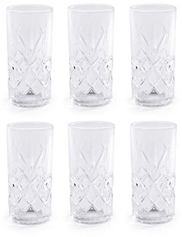 350ml Crystallised Glasses - Set of 6 | Highball Hi Ball Tumblers | Crystal Drinking Glasses | For Cocktails & Soft Drinks | Vintage Glassware | M&W