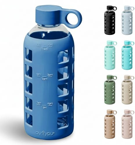 purifyou Premium Glass Water Bottle with Non-Slip Silicone Sleeve & Stainless Steel Lid Insert, 12/22 / 32 oz (Chinese Porcelain, 22 oz)