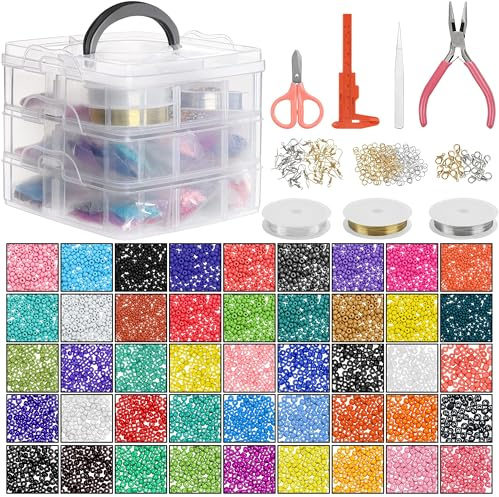 HANDI STITCH 26880 Stück Glasperlen zum Auffädeln Perlen für Armbänder mit Werkzeug und Aufbewahrungsbox - Kleine Bastel Perlen in Verschiedenen Farben, Schnur, Schere, Zange & Pinzette